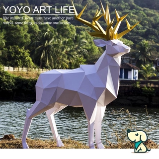 Ciervo rey cuerno dorado noble blanco ciervo geométrico origami 3d papel tridimensional modelo de composición tridimensional diy manual decoración creativa