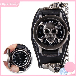 Reloj de pulsera Punk Rock negro con cadena de calavera de cuero sintético para hombre