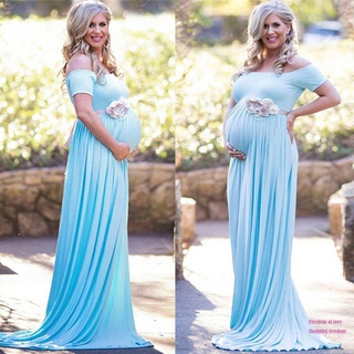 Womens Maternity Lace Dress Off Shoulder Short Sleeve Pregnant Photography Props Maxi Gown