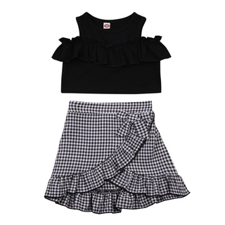 ❀Fw☌Conjunto de ropa Casual de dos piezas, Color negro, Color sólido, Tops de manga corta + falda de patrón a cuadros
