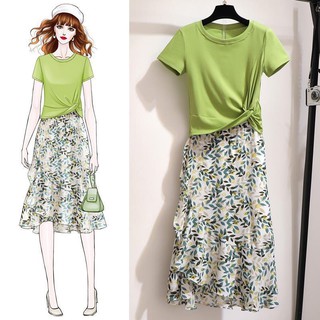 2 piezas conjunto+mujer verano Floral algodón nuevo Casual suelto camiseta mujer falda larga vestido conjunto desgaste