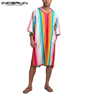 INCERUN Men Casual Colorful Striped Half Sleeve Button Down Hooded Muslim Robe