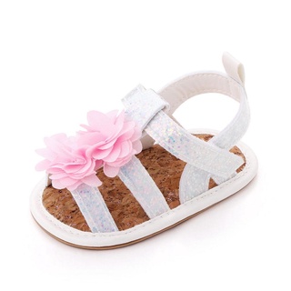Con-zapatos planos antideslizantes, diseño de flores y lentejuelas, sandalias de suela suave para bebé niñas, blanco/gris/rosa (4)