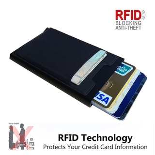 cartera de aluminio con bolsillo trasero elástico de identificación de la tarjeta de crédito titular, rfid mini monedero delgado, automático pop-up banco caja de la caja