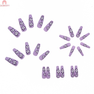 24PCS Púrpura Mariposa Parche De Uñas Estilo Dulce Tipo Pegamento Extraíble Párrafo Largo Manicura Ahorrar Tiempo Falso (3)