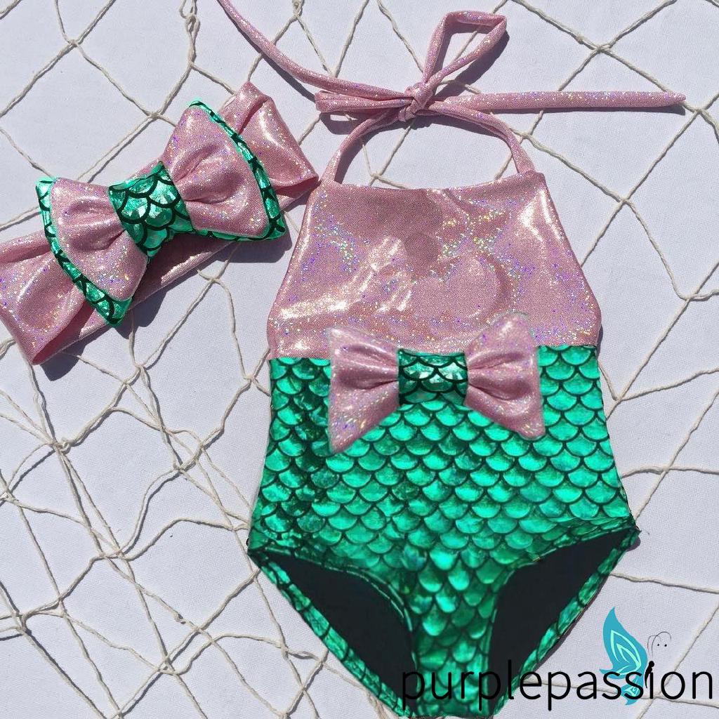 .LY-Girls niños sirena fantasía arco lentejuelas nadable 2pcs Bikini conjunto trajes de baño