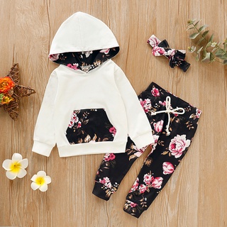 conjunto de ropa para niños con capucha y estampado floral+pantalones+banda para el cabello