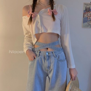 Caliente chica estilo pequeña cintura diseño sentido vendaje mopping ancho pierna jeans mujeres 2021 otoño cintura alta recta suelta