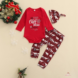 Xzq7-conjunto de trajes de navidad para niñas recién nacidos, copo de nieve y letra de manga larga cuello redondo pijama + pantalones a cuadros + gorra anudada