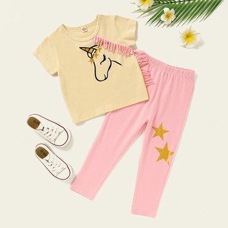2-7Y niños niñas moda Loungewear pijamas conjunto 3D de dibujos animados unicornio manga corta camisa + Pull-on pantalones largos