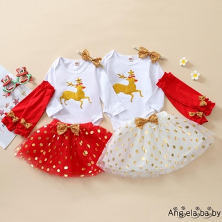 Hian-4pcs navidad bebé niñas traje, pequeño Fawn impresión de manga larga cuello redondo mameluco + falda de malla de punto + polainas + Headwear