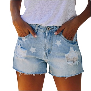 *dmgo*=moda mujer bolsillo impresión jeans pantalones de mezclilla mujer agujero inferior casual pantalones cortos
