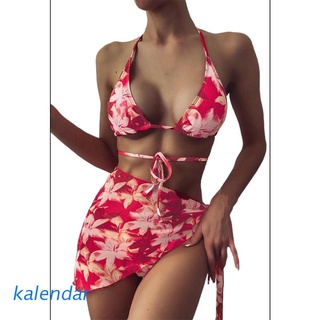 KALEN Sexy 3 Pieces Swimsuit Set Female Boho Floral Print Brazilian Triangle Bikini Halter Bandage Bathing Suit with Sarong Cover Up Beach Skirt
