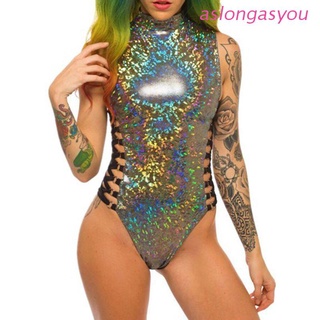 aslongasyou.cl Mujer Sexy De Una Pieza Bikini Holograma Arco Iris Colorido Body Metálico Rave Festival Cuello Alto Peleles Criss Cruz Strappy Vendaje Beachwear (1)