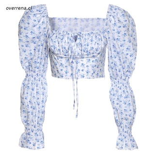 ove Women Spring Puff Sleeve Vintage Floral Print Crop Top Sexy Square Neck Tie Front Ruched Shirts Elegant Romantic Pleated Blouse Streetwear