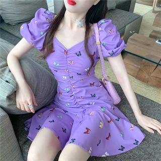 Dress Retro Butterfly Print Purple Female Summer Waist Folds Exposed Clavicle Sleeve Short Skirt