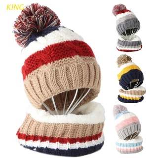 KING Kids invierno 2Pcs Cable Knit Beanie sombrero bufanda conjunto lindo pompón contraste Color rayas calavera gorra felpa forrada cuello calentador
