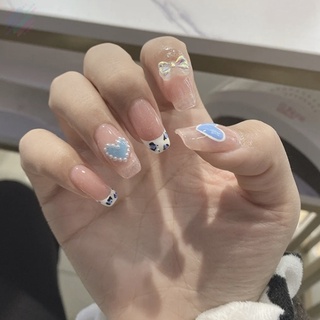 Flash 24pcs azul leopardo pieza de uñas tipo pegamento extraíble párrafo largo moda manicura ahorrar tiempo falso parche de uñas