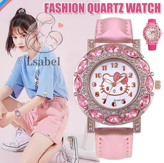 Hello Kitty niños mujeres niñas moda cristal cuarzo reloj analógico lindo de dibujos animados correa de cuero estudiante reloj de pulsera