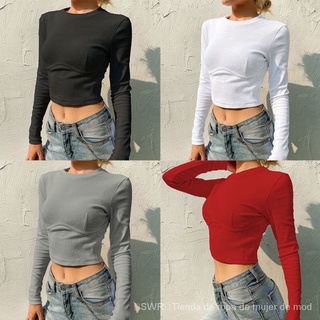 [swr]color sólido midriff-baring camiseta de manga larga para mujer