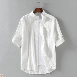 [Yj] verano delgado hielo de seda camisa de lino de los hombres de manga corta suelta de negocios casual de color sólido de media manga de algodón y lino camisa blanca marea