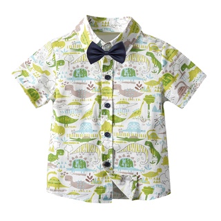 dialand _niño bebé niños niños manga corta Bowtie dinosaurio botón T-shirt Tops ropa