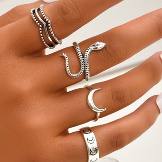4 unids/set vintage plata serpiente luna anillos conjunto para mujer joyería accesorios