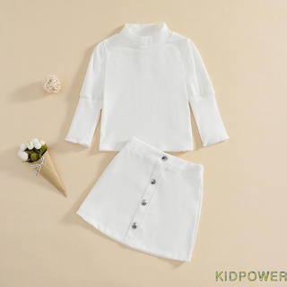 KPRQ-2Pcs Niñas Otoño Falda Conjunto , Color Sólido Cuello Alto Linterna Manga Blusa + Botones Corta , 6 Meses A 4 Años