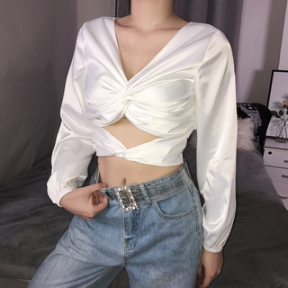 polanu sexy mujer cuello en v profundo hueco manga larga camiseta vendaje sin respaldo crop top