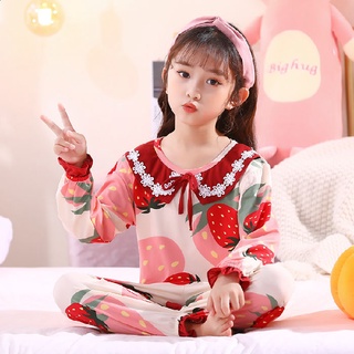 For Little Girls Sleep Clothes Casual Long Sleeve Sleeping Wear Print Big Strawberry Printing Doll Collar Sleeping Wear Moisture Wicking Toddler Polyester Sleep Wear with Bow Design