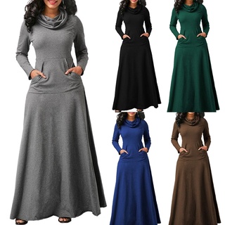 meiyouni Plus Size Autumn Women Solid Color Cowl Neck Long Sleeve Maxi Dress with Pockets