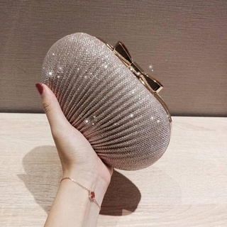 Shiny Folded Metal Bow Goose Egg Clutch Evening Banquet Small Bag Women's Small Dress Evening Banquet Bag (Free Chain)