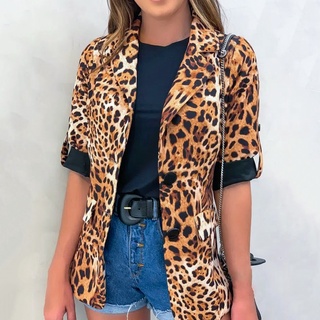 ganale mujeres elegante leopardo impresión solapa slim tres cuartos de manga cardigan abrigo chaqueta