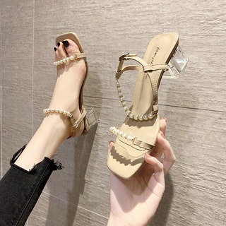 perla hebilla sandalias de las mujeres verano 2021 nuevo estilo de hadas estilo de moda cuadrado dedo del pie abierto dedo del pie grueso tacón romano zapatos tendencia