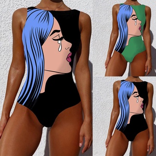 Women Graffiti Abstract Print Wide Straps High Neck Backless Swimwear One Piece