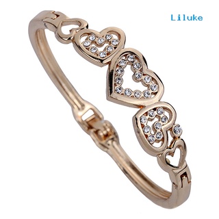 CL--Women Chic Party Hollow Inlay Rhinestone Heart Bangle Rose Gold Alloy Bracelet