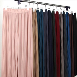 Color sólido plisado de gasa lino ancho de la pierna pantalones de cintura elástica alta pantalones mujer Culottes pantalones (1)