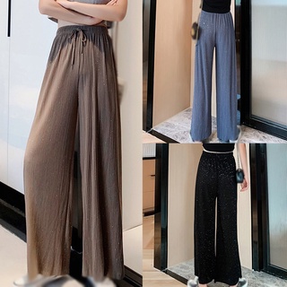 Las mujeres coreanas diamante brillante recto de cintura alta delgada pierna ancha pantalones largos