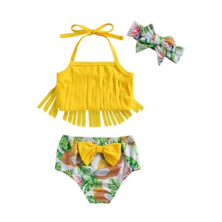♂Vr✣Traje de baño de tres piezas para niños con borla decoración arco diadema de frutas tropicales impresión ropa de mar (1)