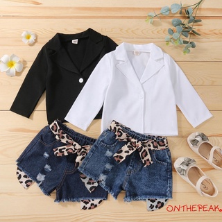 Ont-girls Casual conjunto de ropa de dos piezas, Color sólido traje Chamarra y leopardo impreso patrón elástico cintura pantalones cortos, negro/blanco