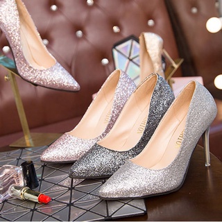 Mz zapatos de boda de las mujeres de plata de tacón alto lentejuelas puntiagudo Stiletto cristal zapatos de dama de honor novia boda gradiente zapatos (8)