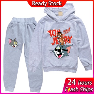 Tom y Jerry primavera otoño nuevos niños sudadera con capucha pantalones 2pcs traje niña moda lindo impresión Pullover niños pantalones casuales niños más vendido ropa cómoda