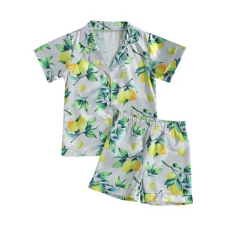 ★Op★Conjunto de pijamas de dos piezas para niños, diseño de plantas para niños, cuello de solapa de manga corta, pantalones cortos de cintura elástica
