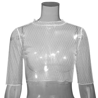 las mujeres de la moda de la flor bordado de malla transparente transparente crop tops t-shirt blusa (9)