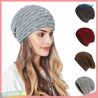 [Vip]Women Autumn Winter Solid Color Plush Warm Knitted Baggy Beanie Hat Slouchy Cap