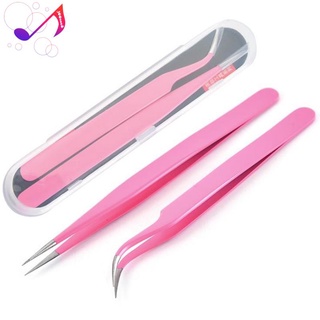 Lash Tweezers, Pack of 2 Stainless Steel Tweezers for Eyelash Extensions Straight and Curved Tip False Lash Tools Pink
