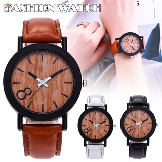 Simple Women Casual Watches Quartz Watch Round Dial Faux Leather Wood Grain Watches Gifts Men