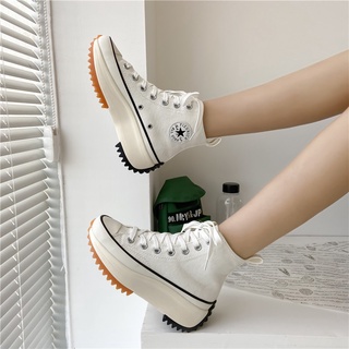 MOOSII Zapatos de goma para mujer Zapatos planos coreanos blancos Mocasines Zapatillas de deporte de moda Zapatos de tacón alto con plataforma de lona Negro Blanco Tamaño: 35-40 MS1204 (6)