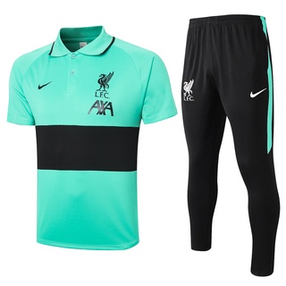 2021 2022 Liverpool Men Green Half Black Polo Shirt Sweatpants Football Training Set (1)