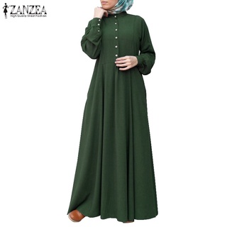 zanzea mujeres botones manga larga cintura alta sólido musulmán maxi vestido